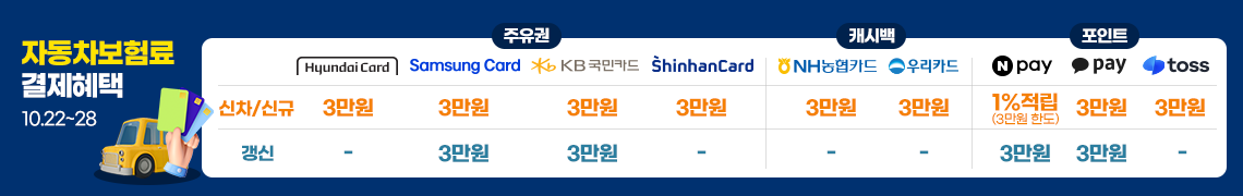 자동차보험료(이륜차 포함) 결제혜택 최대 3만원. 30만원 이상 결제시, 카드사/간편결제사 제공