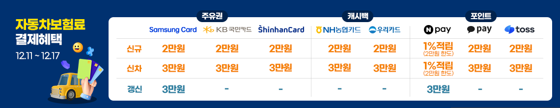 자동차보험료(이륜차 포함) 결제혜택 최대 3만원. 30만원 이상 결제시, 카드사/간편결제사 제공
