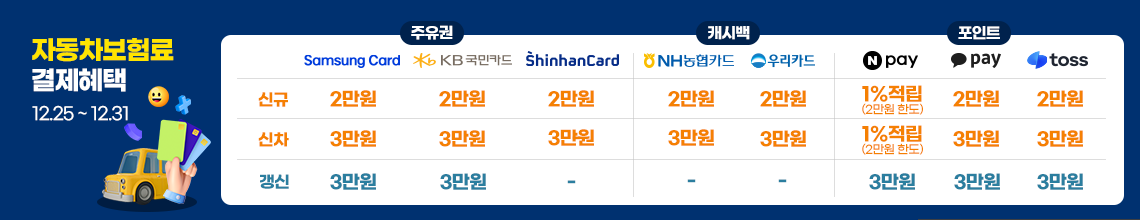 자동차보험료(이륜차 포함) 결제혜택 최대 3만원. 30만원 이상 결제시, 카드사/간편결제사 제공