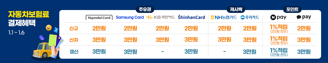 자동차보험료(이륜차 포함) 결제혜택 최대 3만원. 30만원 이상 결제시, 카드사/간편결제사 제공